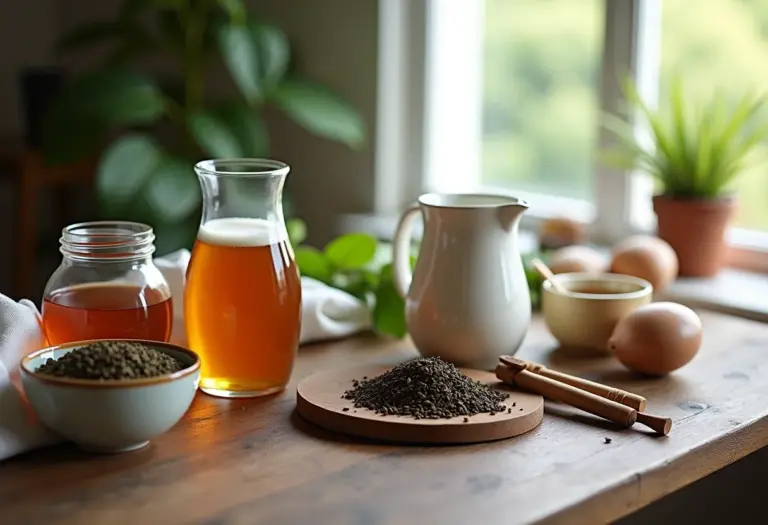 Mesa rústica com ingredientes para milkshake de chá, incluindo chá a granel, leite, mel e especiarias.