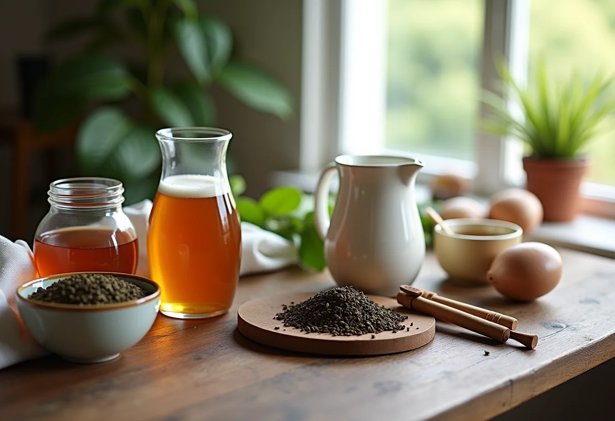 Mesa rústica com ingredientes para milkshake de chá, incluindo chá a granel, leite, mel e especiarias.