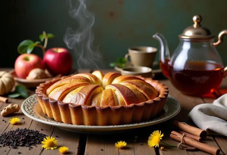 Mesa rústica com torta de maçã, ingredientes de chás e bule fumegante