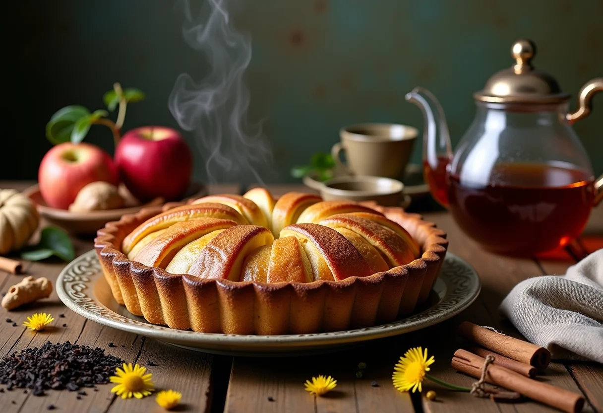 Mesa rústica com torta de maçã, ingredientes de chás e bule fumegante