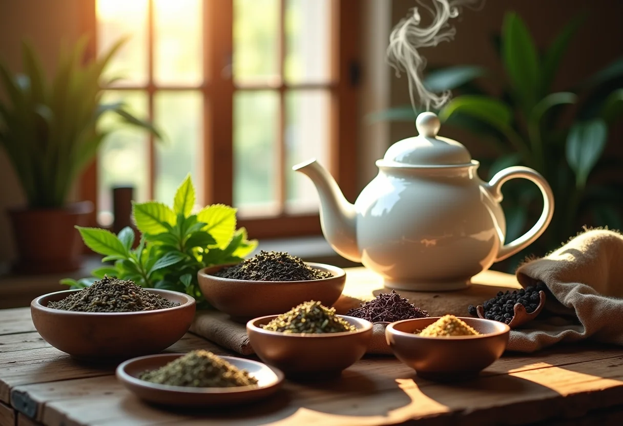 Mesa rústica com variedade de ervas e blends para chá, bule de porcelana fumegante.