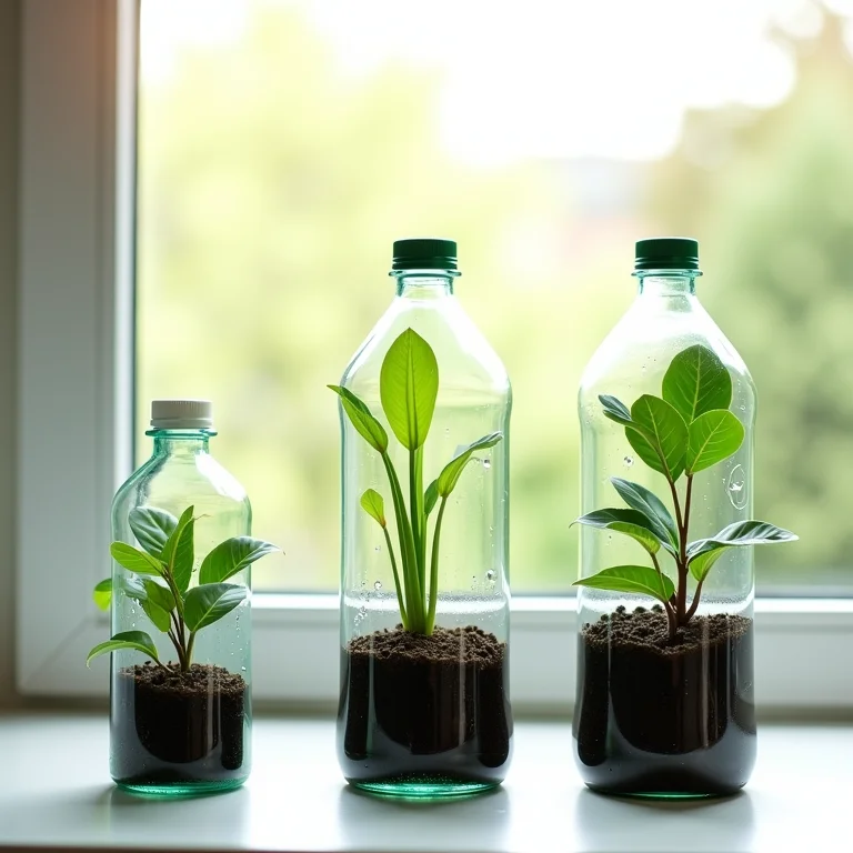 Mini-hortas de feijão em garrafas PET