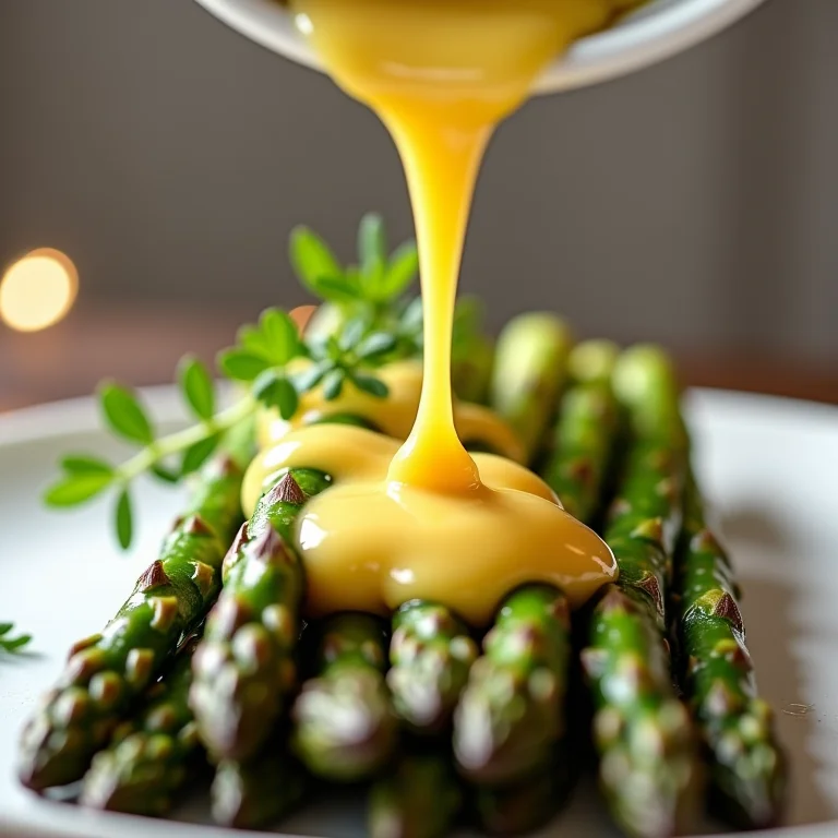 Molho béarnaise clássico sobre aspargos grelhados com estragão