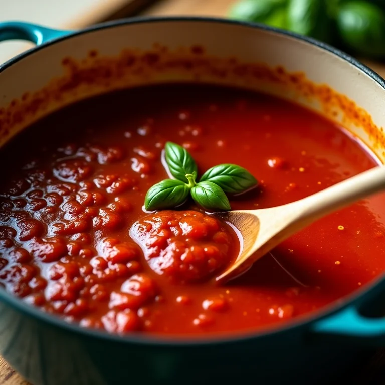Molho de tomate caseiro borbulhando em uma panela.