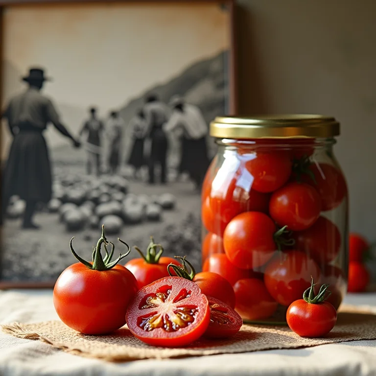 Montagem com fotos antigas e pote moderno de tomates secos em azeite.