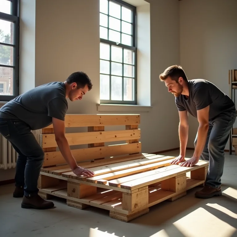 Montando um sofá de palete em uma oficina iluminada