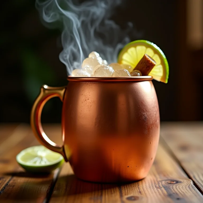 Moscow Mule de Chá de Gengibre com decoração de limão e gengibre cristalizado