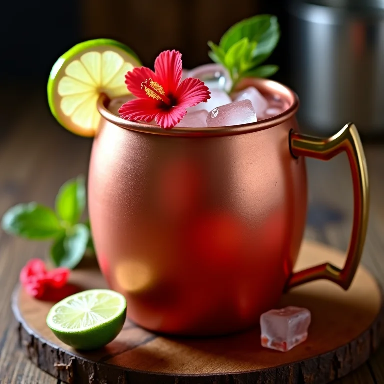 Moscow Mule de Chá de Hibisco com flor de hibisco e limão