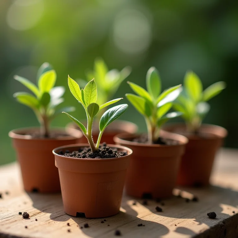 Mudas de arruda de qualidade em pequenos vasos ecológicos.