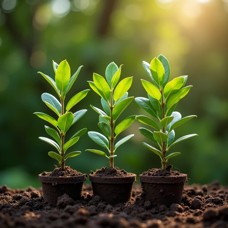 Mudas de louro em diferentes estágios de crescimento