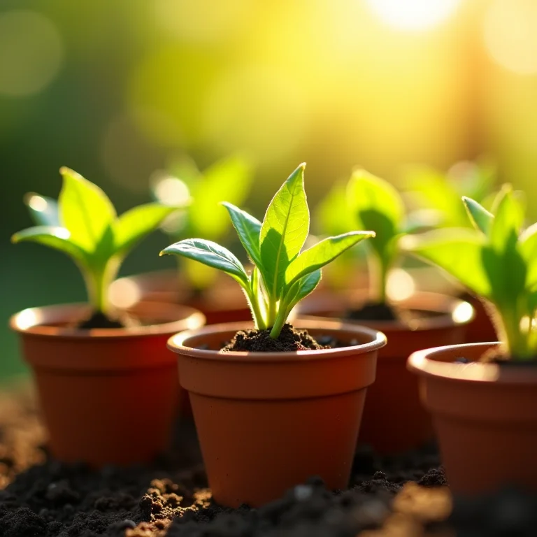 Mudas de pimenta crescendo em vasos de terracota