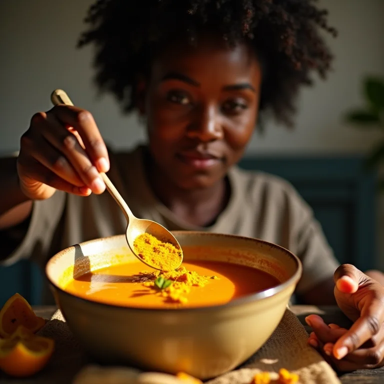 Mulher adicionando açafrão em pó a uma sopa