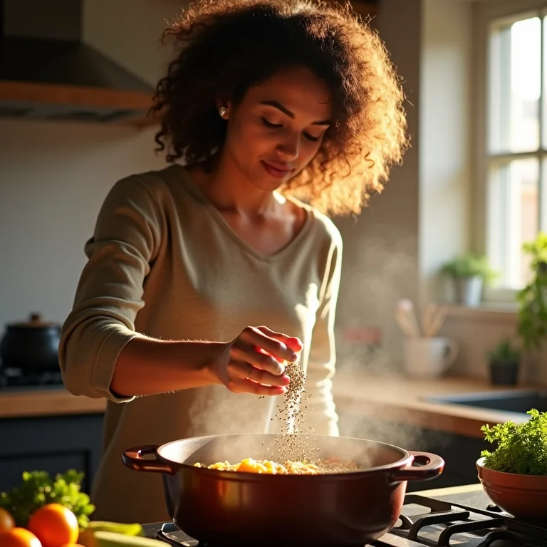Mulher adicionando alcaravia em ensopado