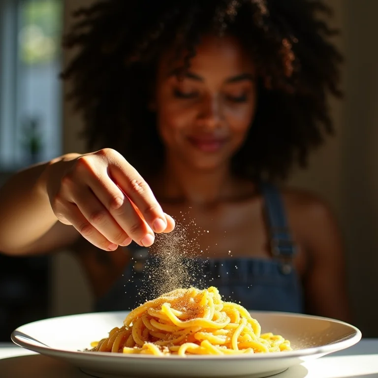 Mulher adicionando farinha de rosca caseira à massa.