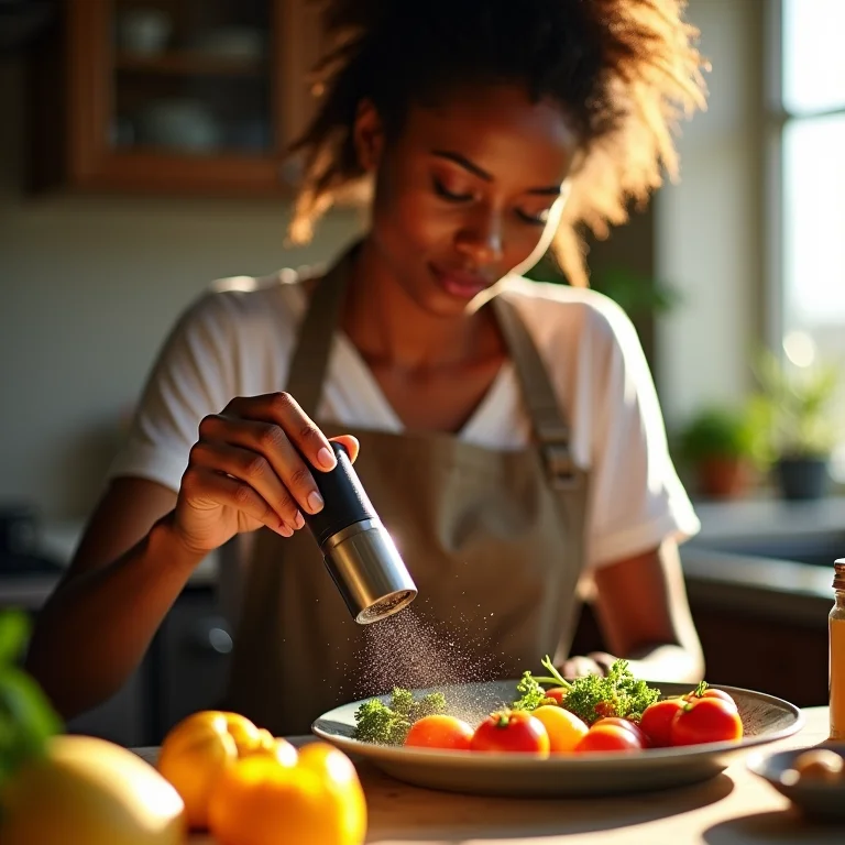Mulher adicionando pimenta do reino moída a uma refeição