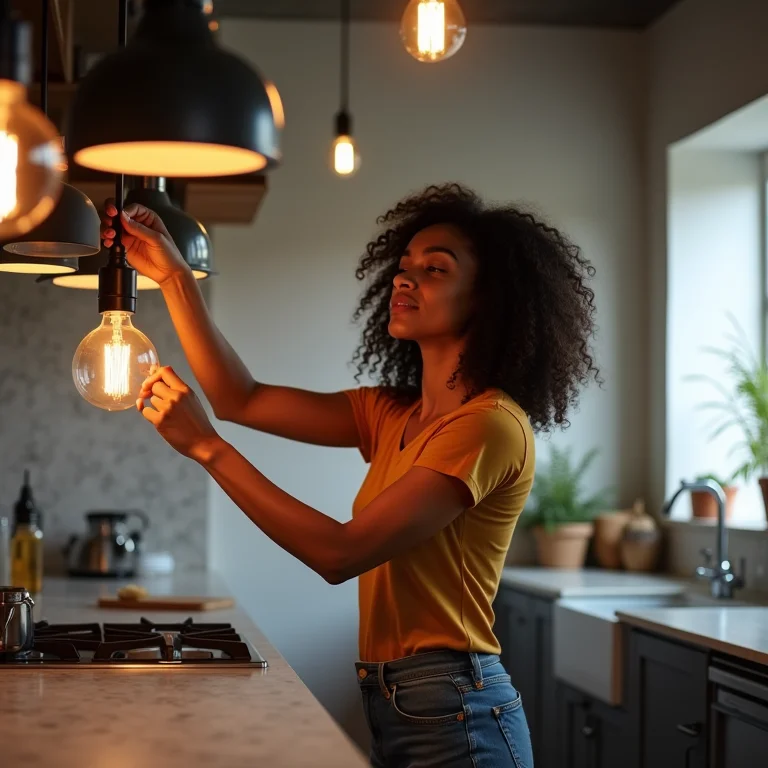 Mulher ajustando luminárias em cozinha industrial bem iluminada