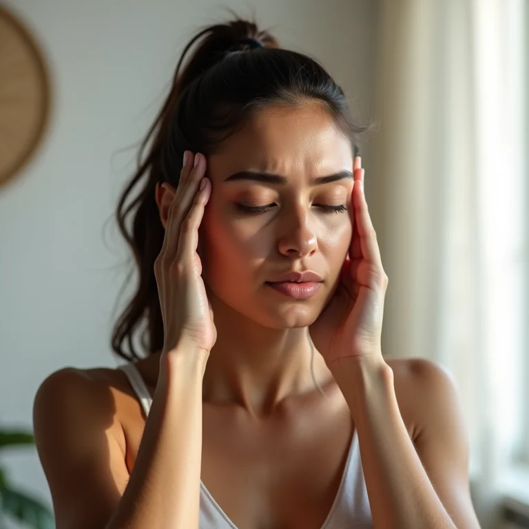 Mulher aliviando dor de cabeça com massagem nas têmporas
