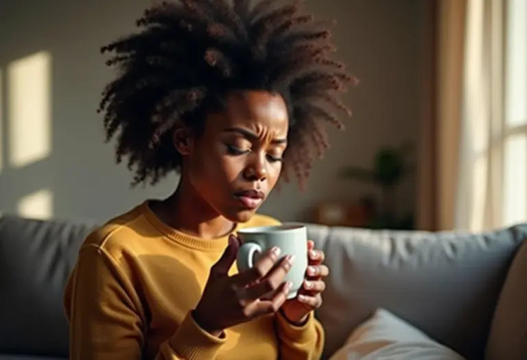 Mulher aliviando dor de garganta com chá caseiro