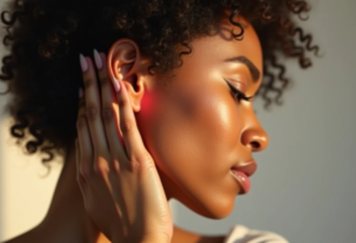 Mulher aliviando dor de ouvido com expressão suave