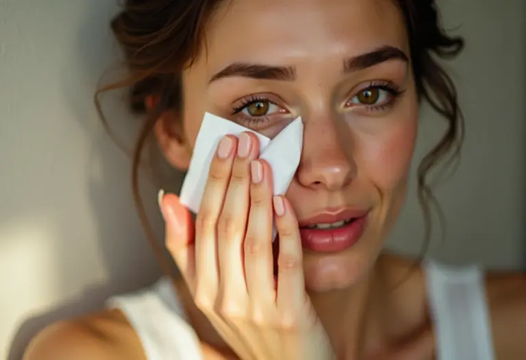 Mulher aliviando irritação nos olhos com compressa