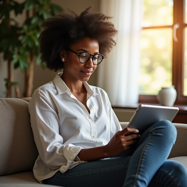 Mulher analisando opções de investimento em um tablet