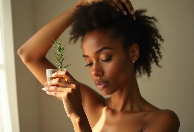 Mulher aplicando chá de alecrim no cabelo