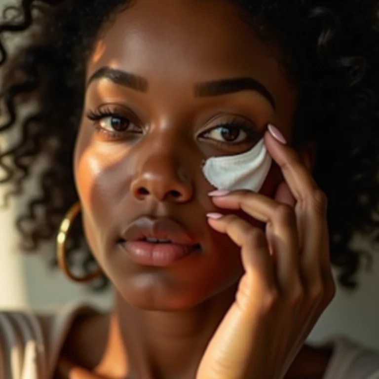 Mulher aplicando compressa de chá de arruda no olho