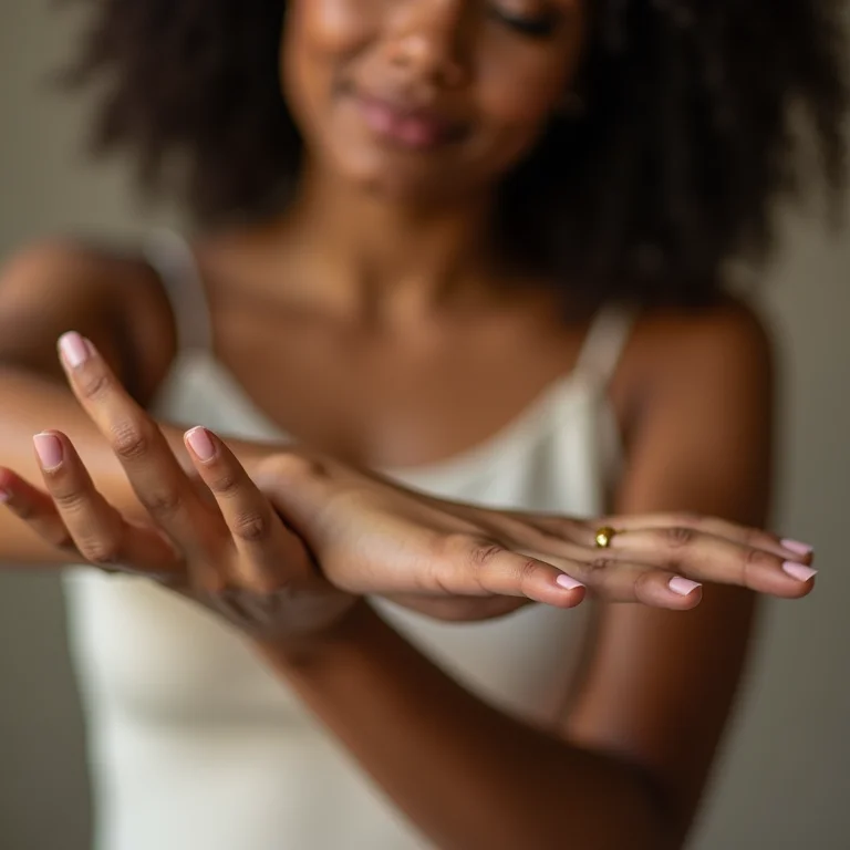 Mulher aplicando infusão de arruda na pele com cautela.