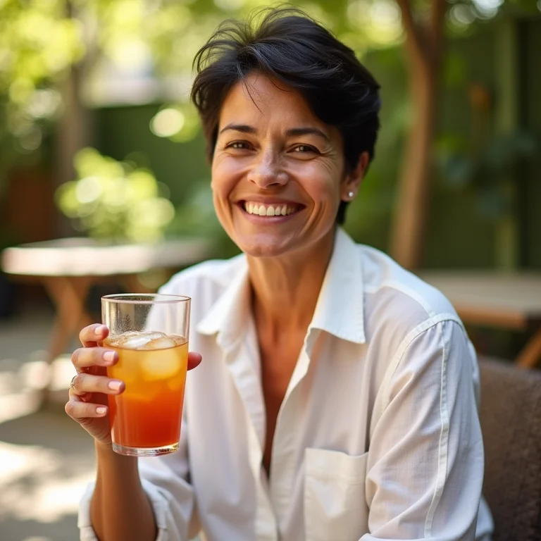 Mulher apreciando chá de pêssego ao ar livre.