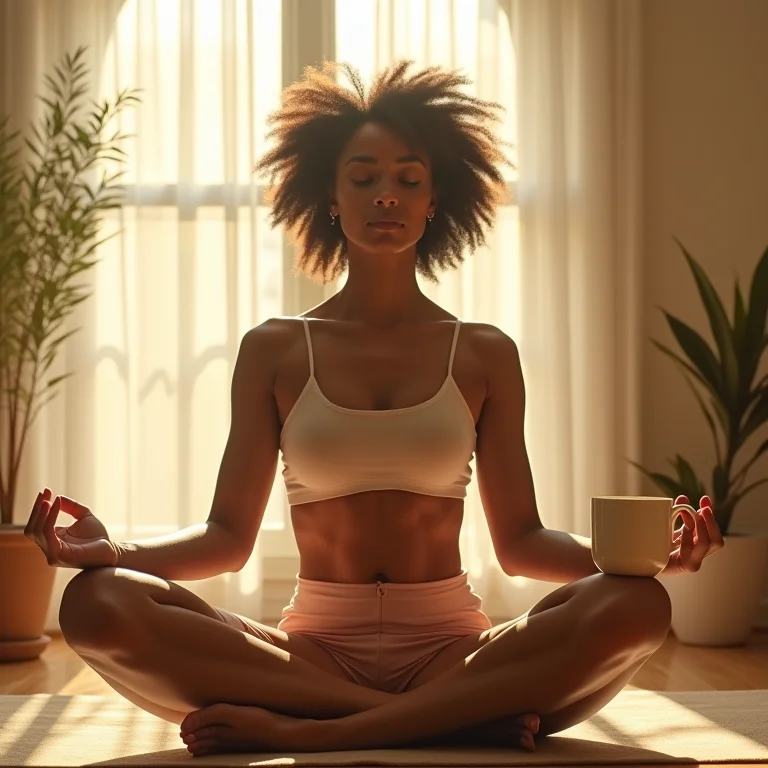 Mulher aproveitando os benefícios do chá de ulmaria durante uma sessão de yoga.