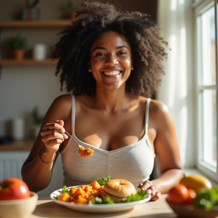 Mulher aproveitando refeição caseira e saudável