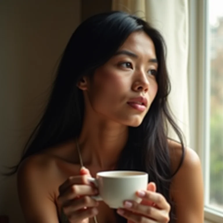 Mulher asiático-brasileira tomando chá de erva cidreira com expressão pensativa.