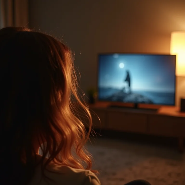 Mulher assistindo TV em ambiente com pouca luz para evitar manchas na tela OLED.