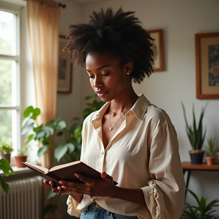 Mulher avaliando a decoração de Natal de sua casa.