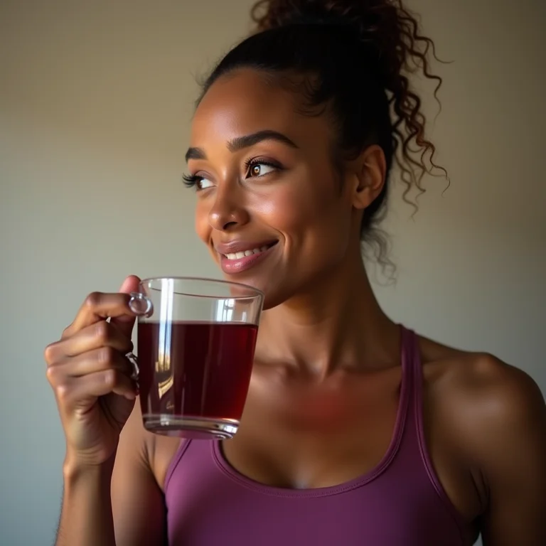 Mulher bebendo chá de ameixa preta após o treino para auxiliar na perda de peso