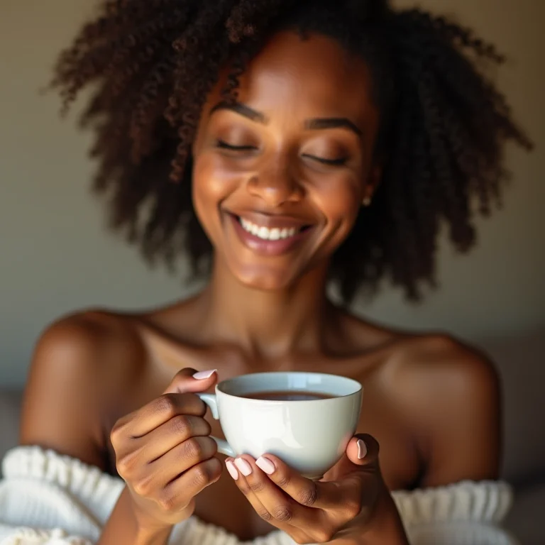 Mulher bebendo chá de ameixa preta para prevenir hemorroidas