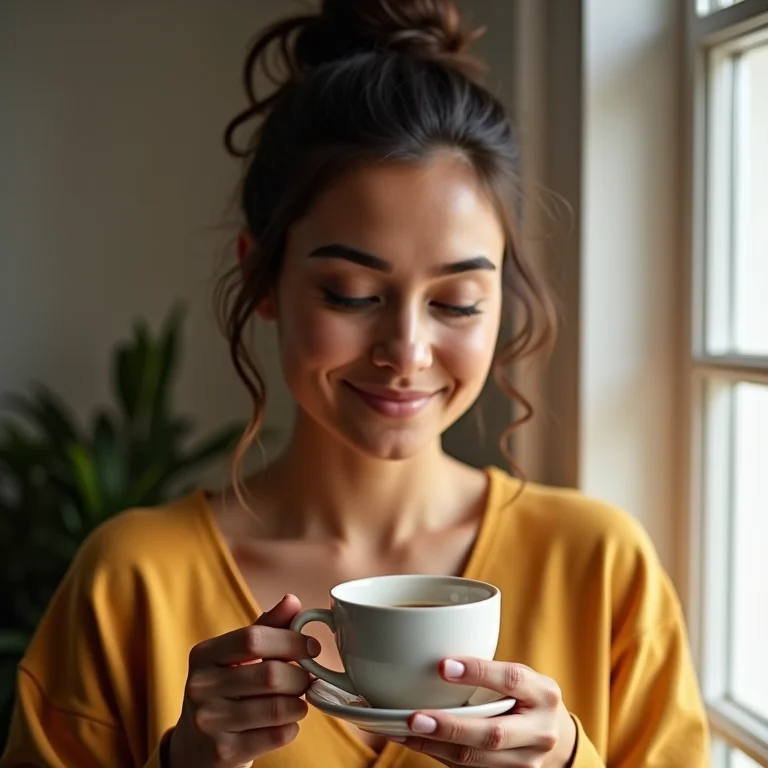 Mulher bebendo chá de caroço de tâmara durante sua rotina matinal.