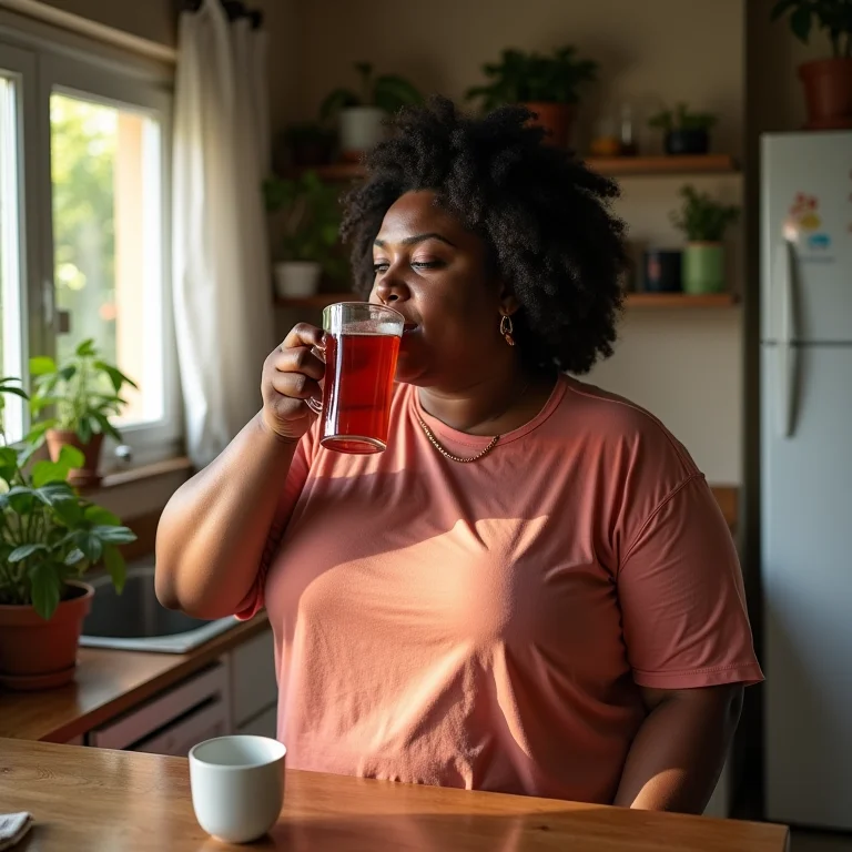 Mulher bebendo chá de hibisco com hortelã como auxílio no emagrecimento