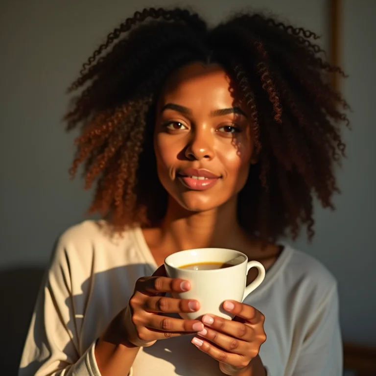 Mulher bebendo chá de ulmaria para promover bem-estar.