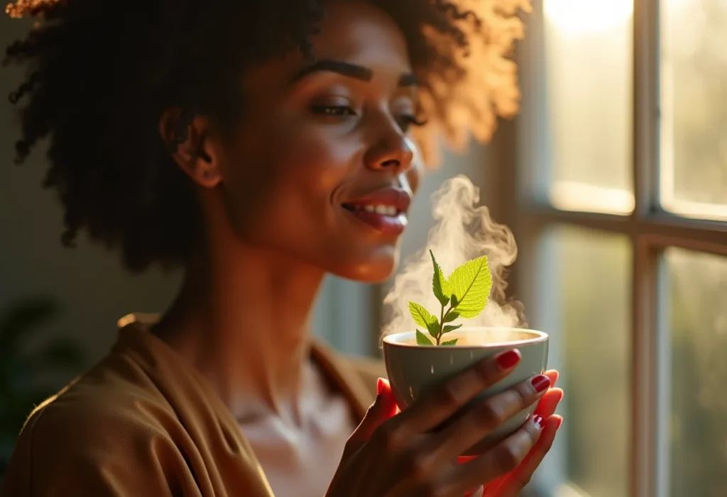 Mulher bebendo chá mate com hortelã em dia ensolarado