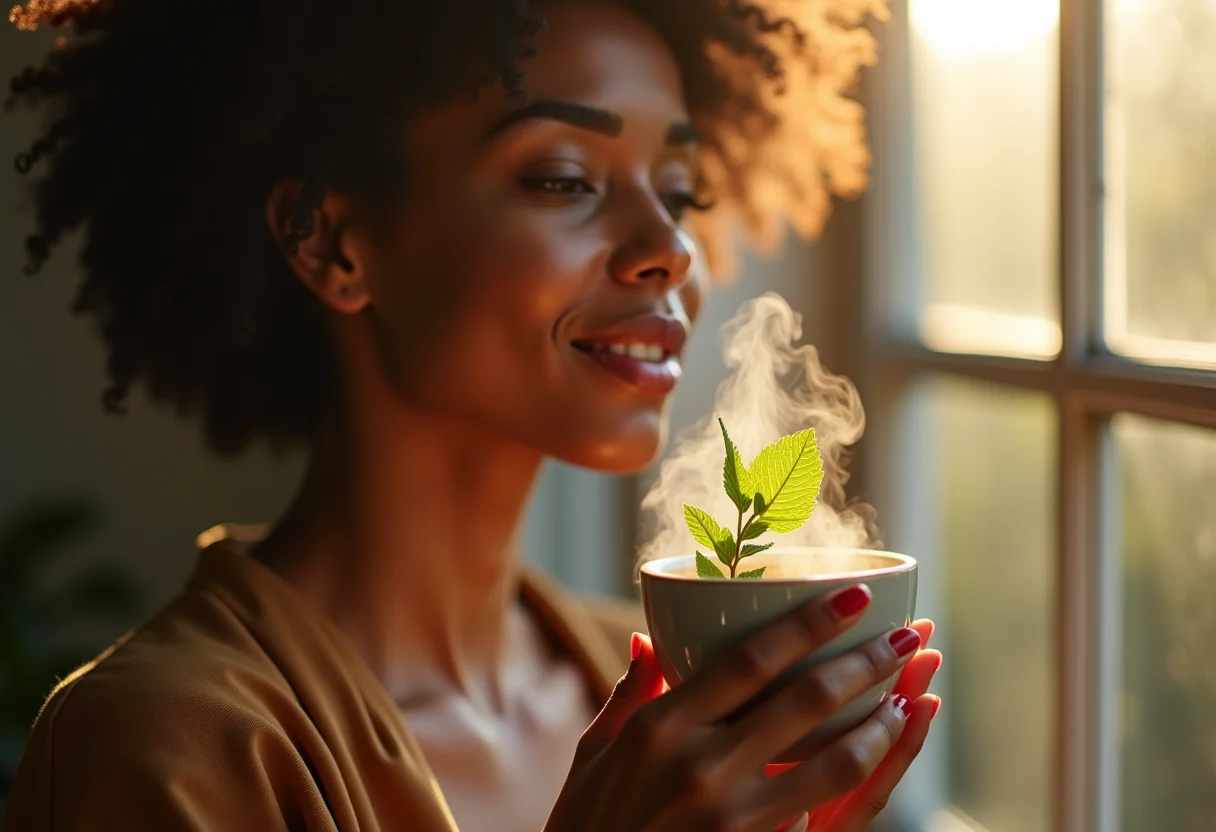 Mulher bebendo chá mate com hortelã em dia ensolarado