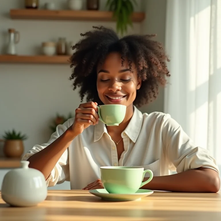 Mulher bebendo chá verde com moderação