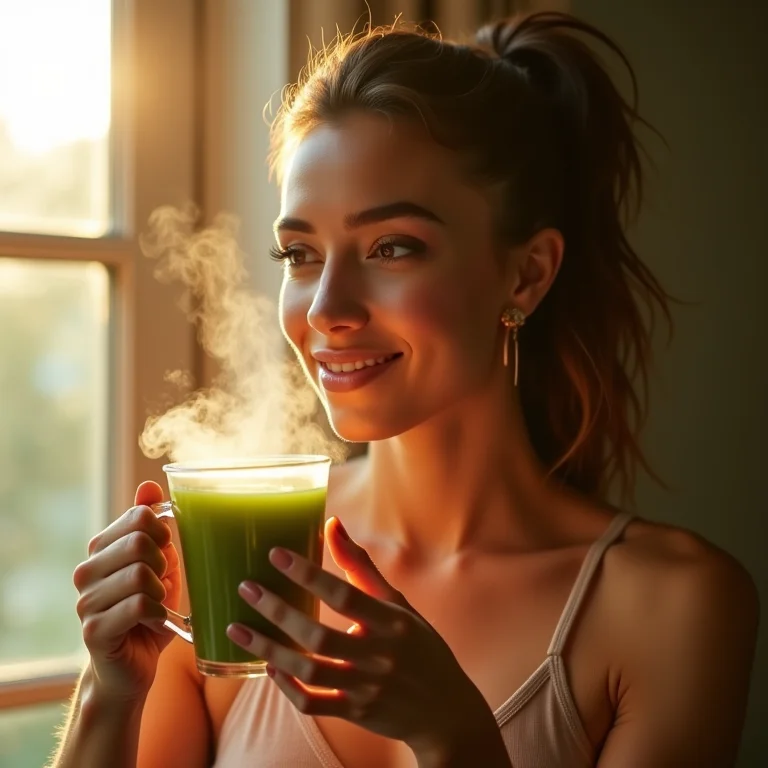 Mulher bebendo chá verde para saúde física.