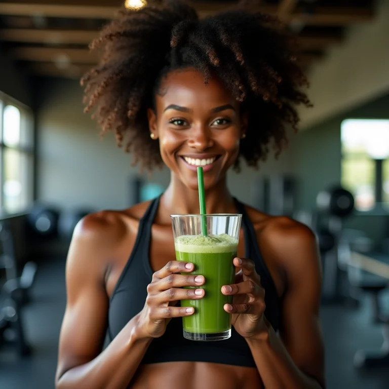 Mulher bebendo smoothie verde após treino