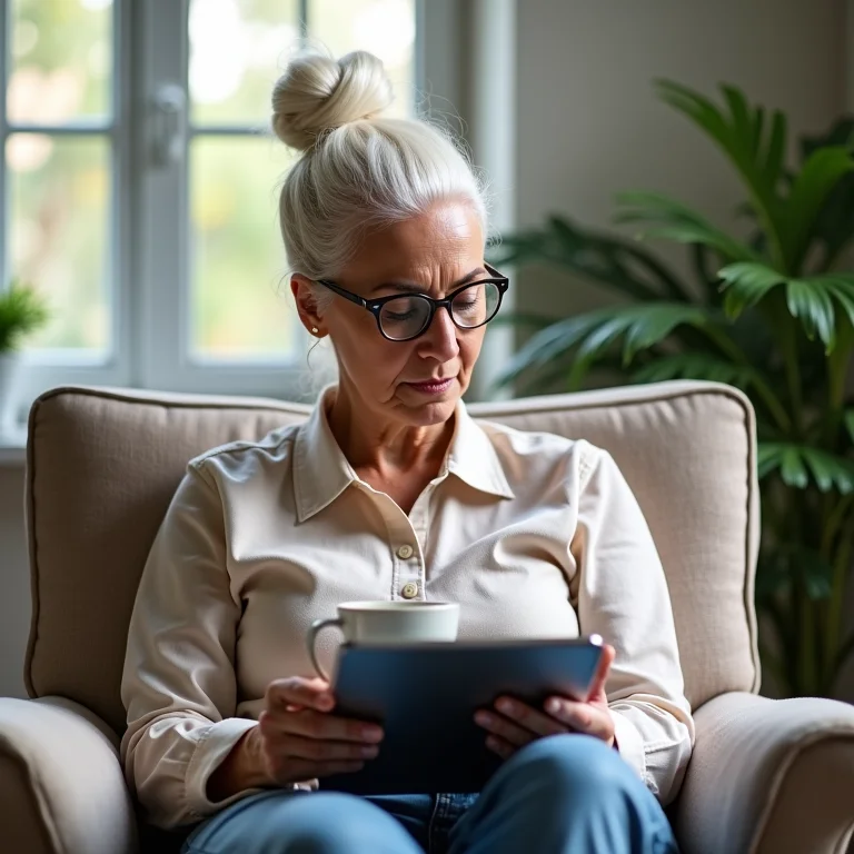 Mulher branca brasileira pesquisando sobre as contraindicações do chá de boldo.