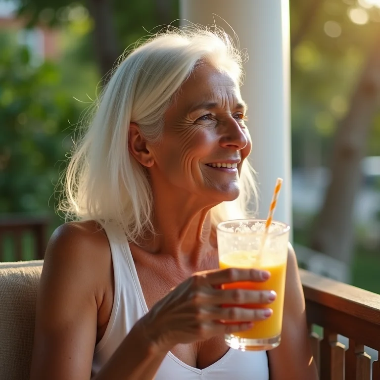 Mulher branca de cabelos brancos bebendo chimarrão na varanda, promovendo a saúde cardiovascular.