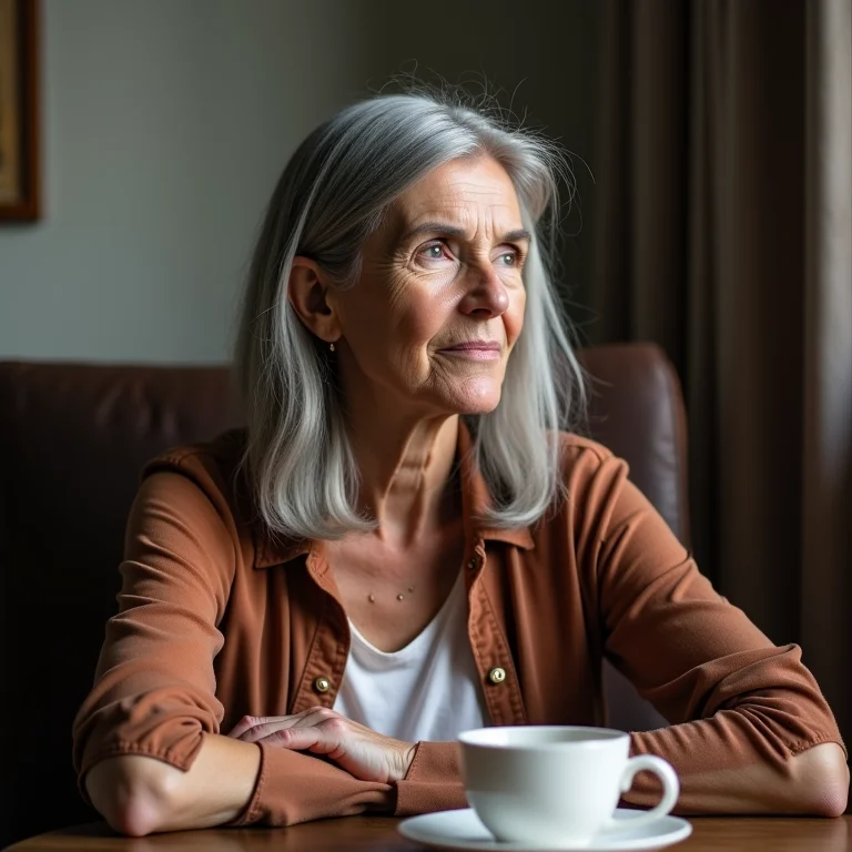Mulher branca de cabelos grisalhos refletindo sobre o chá de hibisco