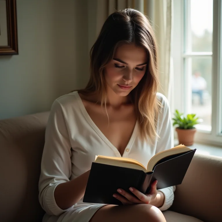 Mulher branca lendo romance de aventura com chá de hortelã