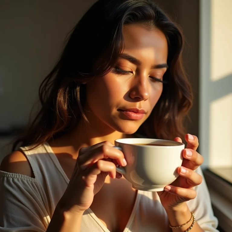 Mulher branca sentindo alívio ao beber chá quente.