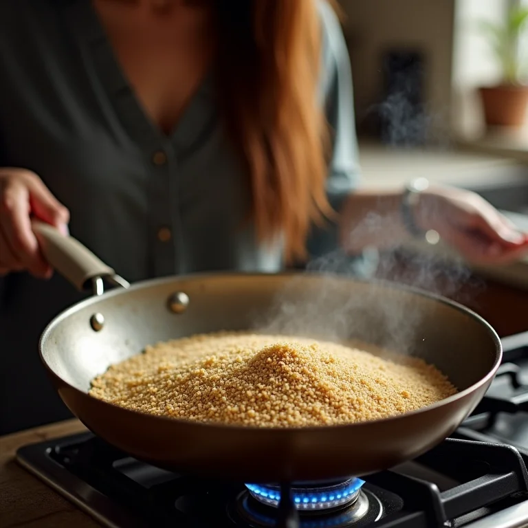 Mulher branca torrando quinoa em panela seca no fogão